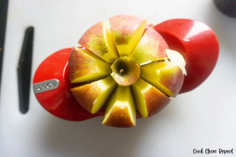 Apple being cut with an apple cutting tool that takes out the core and creates 8 slices. 