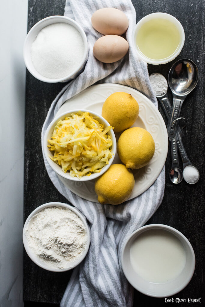 A top down look at the finished lemon summer squash bread ingredients laid out ready to use. 