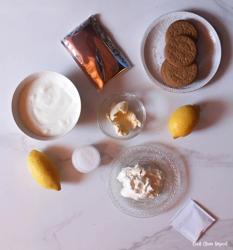 Ingredients needed to make no bake lemon cheesecake. 