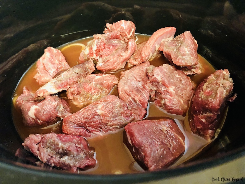 stew meat added to the crockpot. 