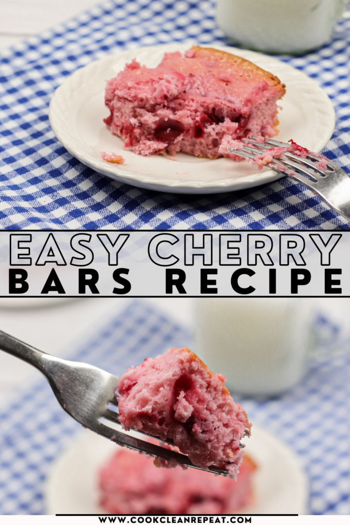 pin showing the finished 2 ingredient cherry bars ready to eat
