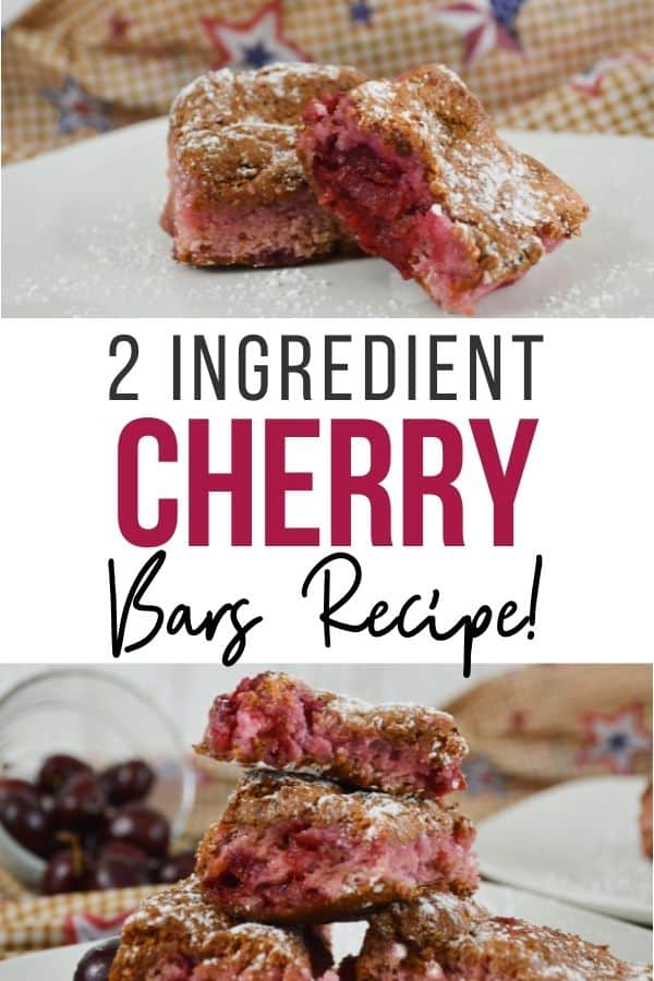 Pin showing the finished 2 ingredient cherry bars ready to eat with title across the middle. q
