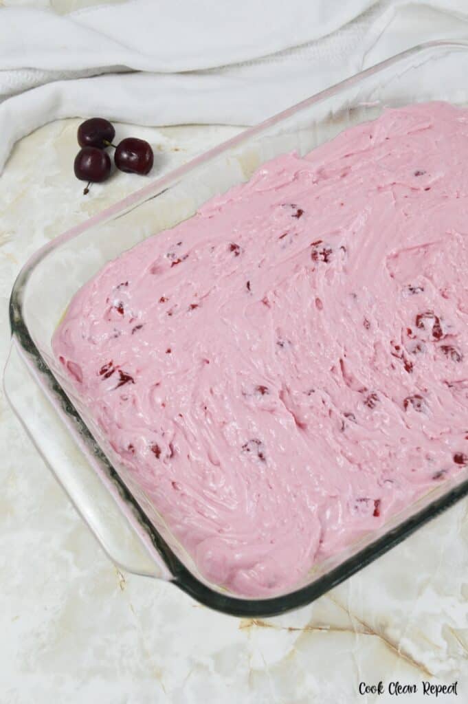 batter spread into a pan ready for the oven.