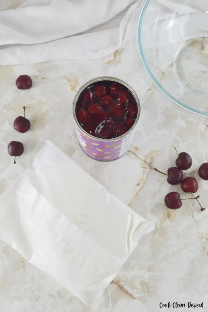 Ingredients needed to make a 2 ingredient cherry bars recipe.