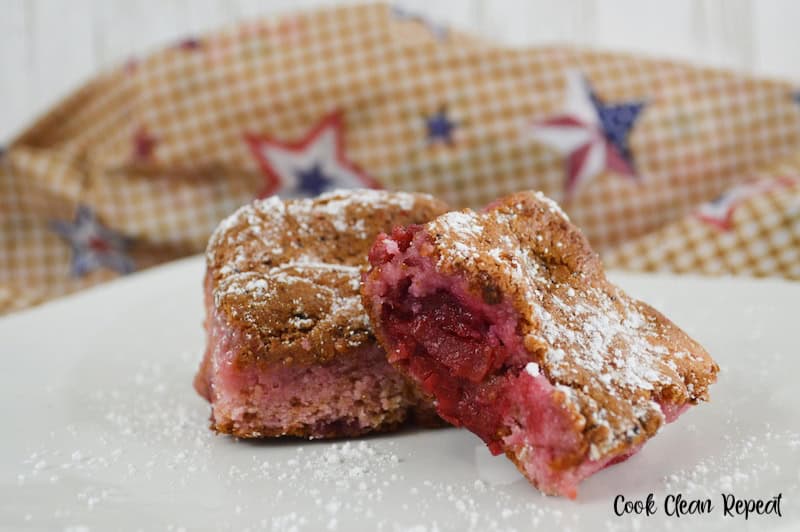 Featured image showing two of the finished cherry bars made with 2 ingredients ready to eat.