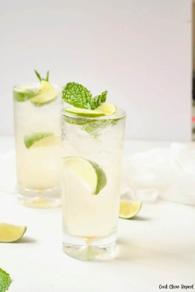 Finished mint lime sparkling water recipe ready to drink. 