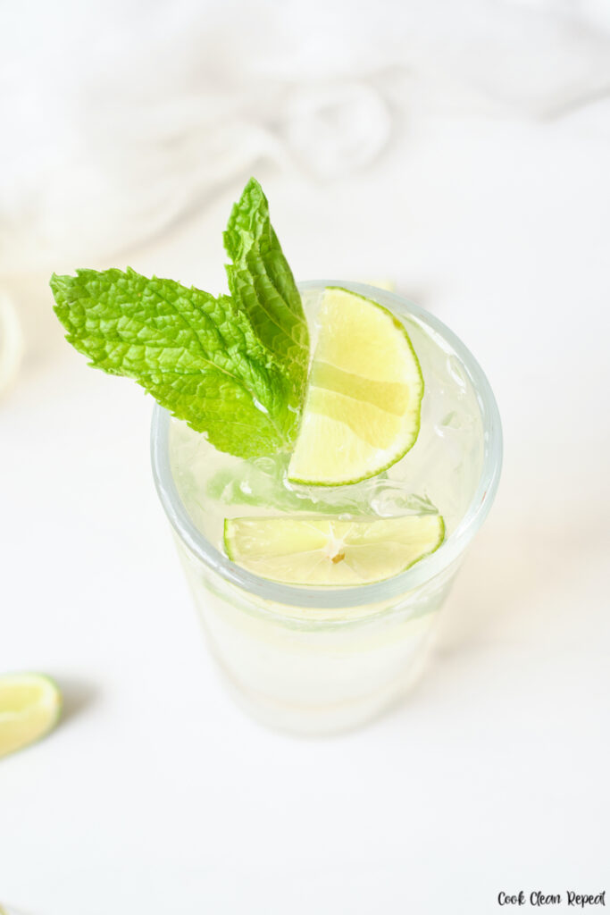 a top down view of the finished mint lime sparkling water recipe ready to be enjoyed. 