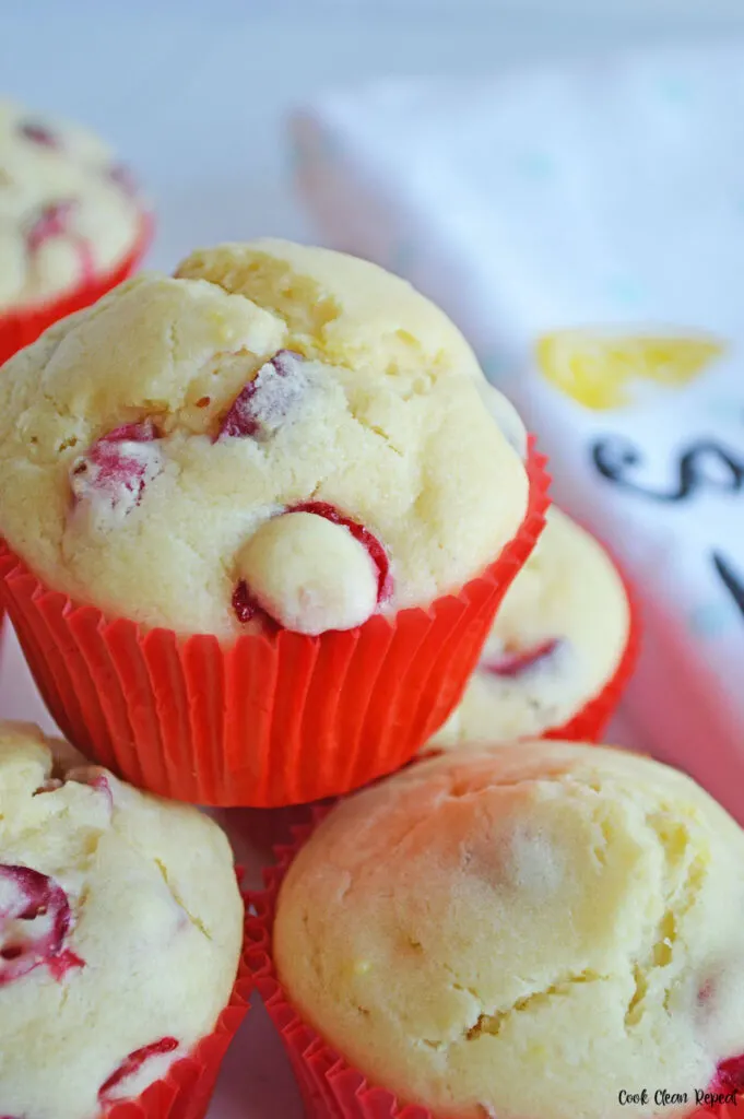 close up view of the finished cranberry lemon muffins ready to eat