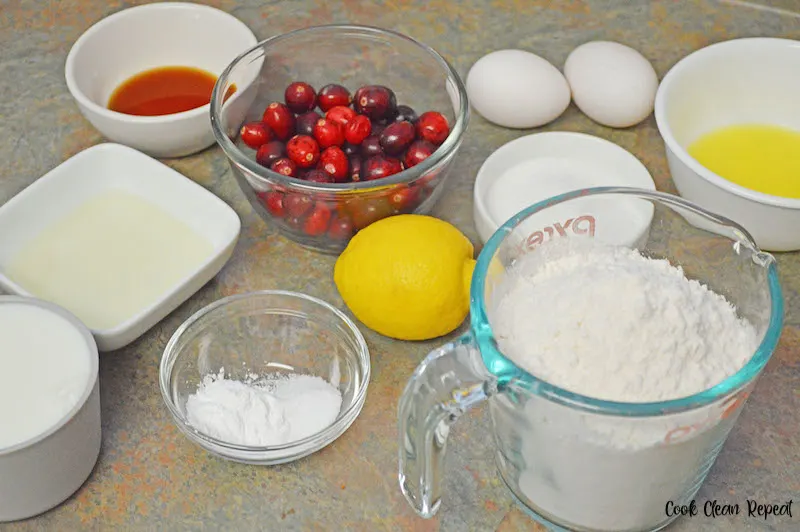 ingredients needed to make the cranberry muffins ready to start baking. 