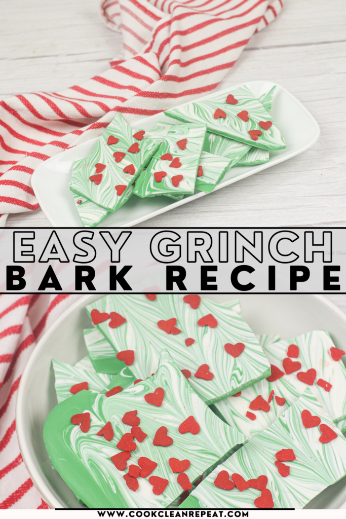 Pin showing the finished grinch bark ready to eat with title across the middle