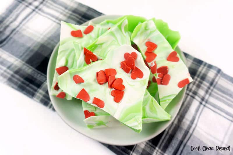 A look at the bowl full of the finished grinch chocolate bark.
