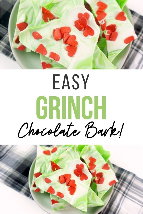 pin showing the finished grinch chocolate bark ready to eat. 