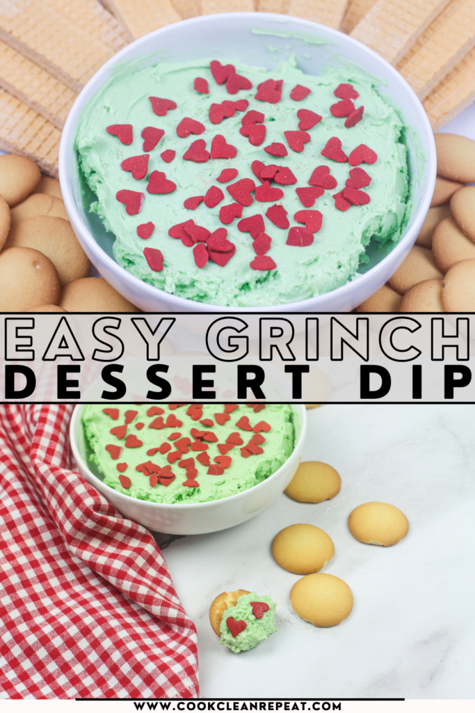 Pin showing the finished grinch dip ready to eat with title across the middle