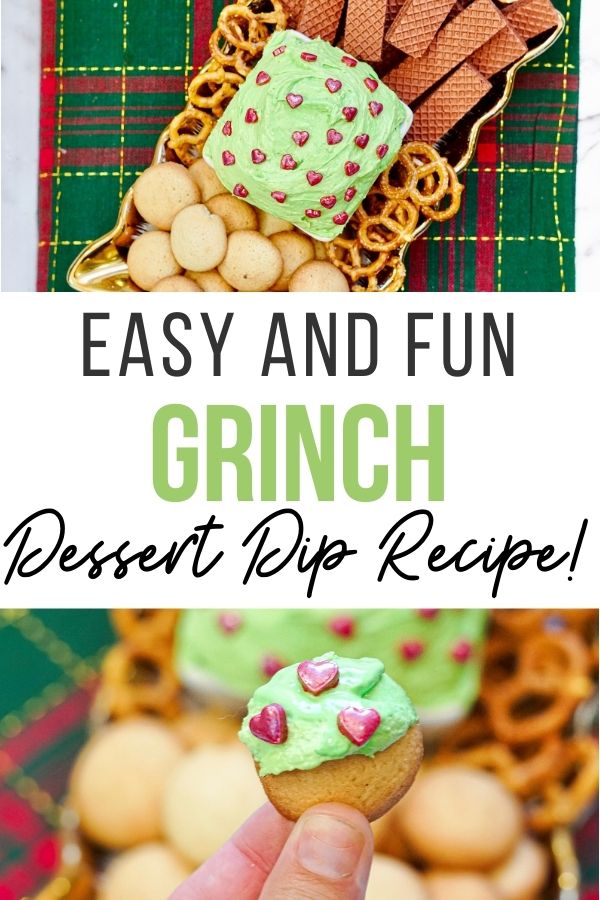 Pin showing the finished grinch dessert dip ready to eat with cookies. Title across the middle