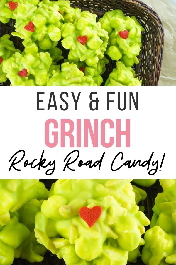 pin showing the finished grinch rocky road candy ready to serve
