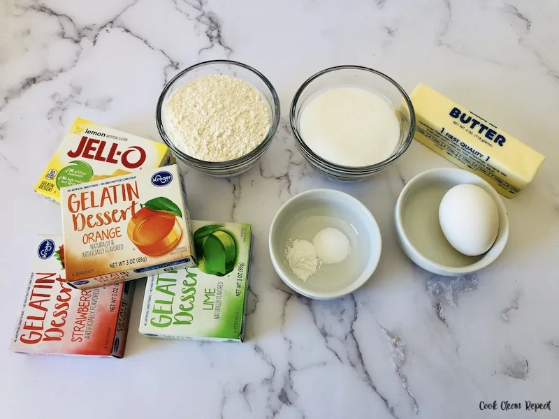 ingredients needed to make the jello cookies laid out before we begin baking. 