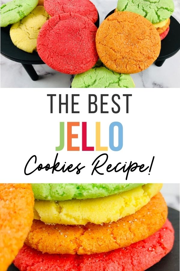 Pin showing the finished jello cookies recipe ready to eat title across the middle.