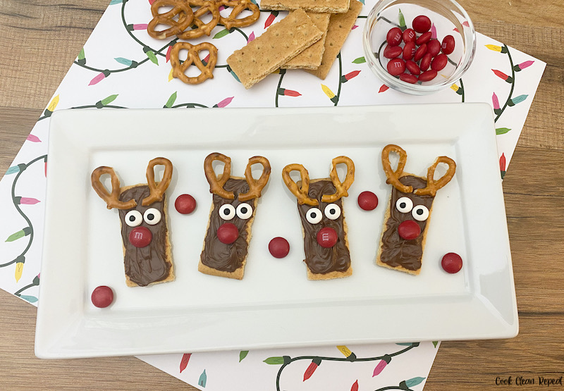 a top down look at the finished no bake Nutella reindeer cookies