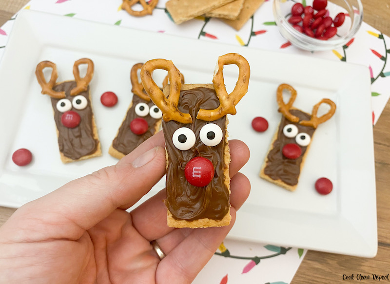 Close up view of the finished no bake Nutella reindeer cookies ready to eat. 