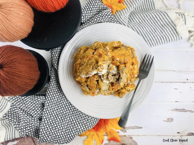 top down look at the finished pumpkin dump cake ready to serve.