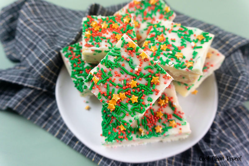 Featured image showing the finished sugar cookie fudge recipe ready to eat.