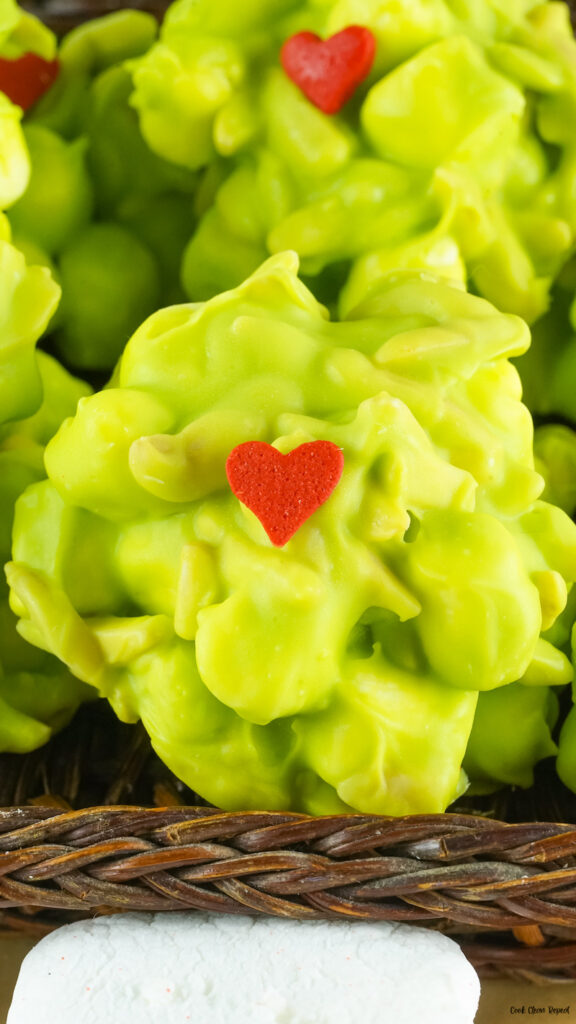 close up view of a single grinch candy cluster