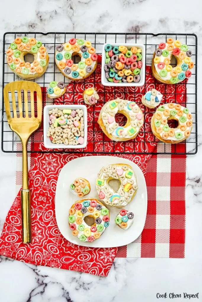 completed air fryer donuts with cereal toppings