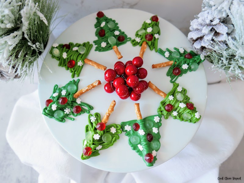 Featured image showing the candy melt Christmas trees ready to eat