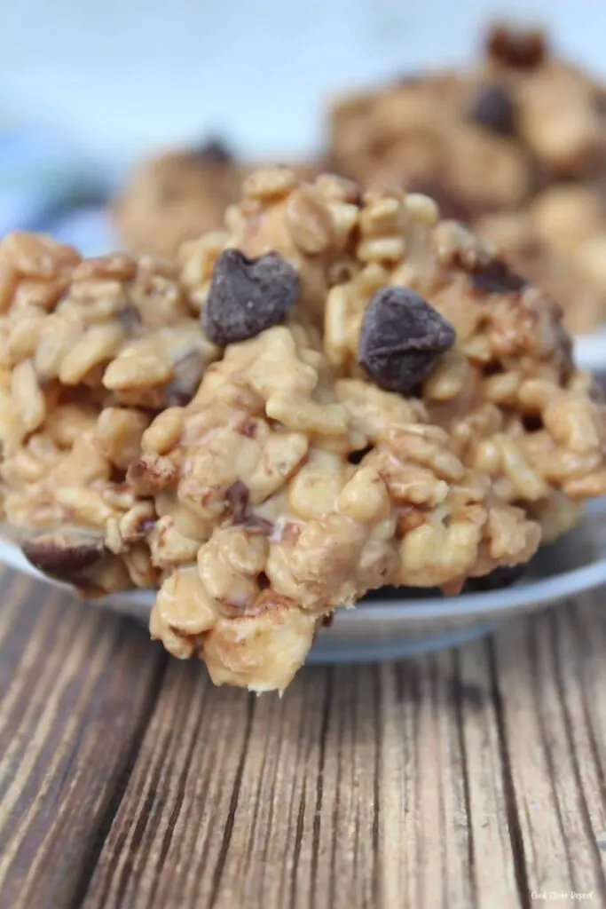 a close up view of the finished no bake cereal cookies ready to eat