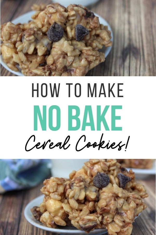pin showing the finished no bake cereal cookies ready to eat