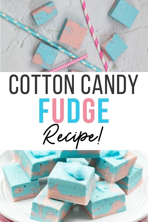 Pin showing the finished cotton candy fudge ready to eat