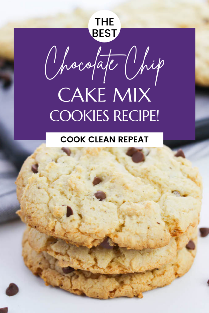 pin showing finished chocolate chip cake mix cookies. title at top with purple square box. 