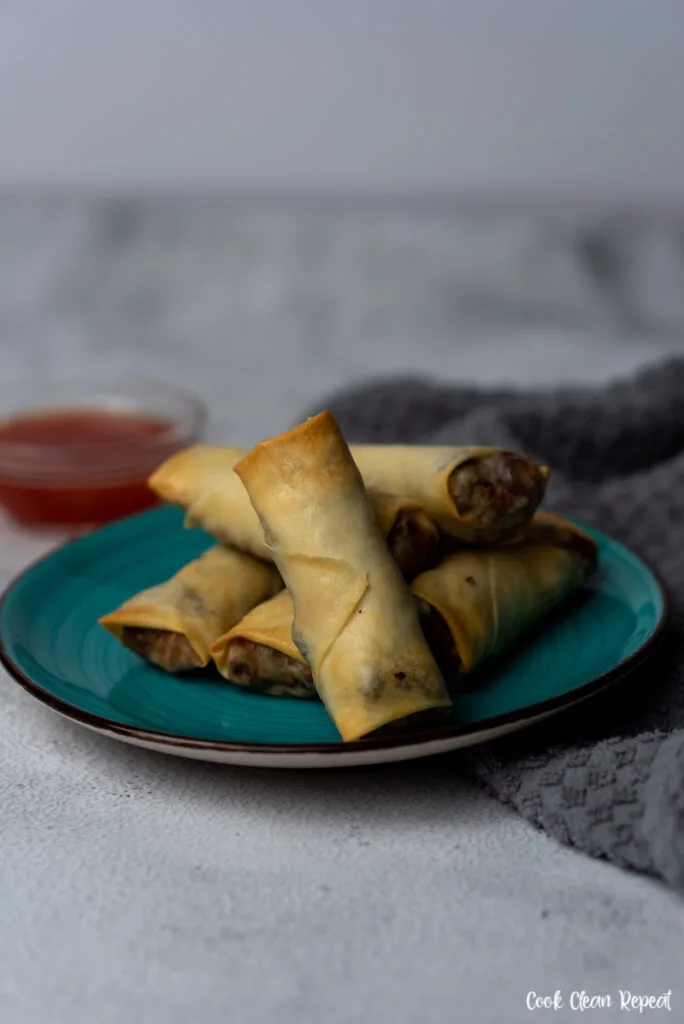 close up view of the finished homemade air fryer egg rolls
