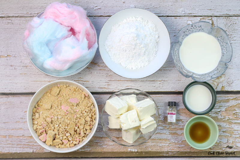 ingredients needed for cotton candy cheesecake recipe. 