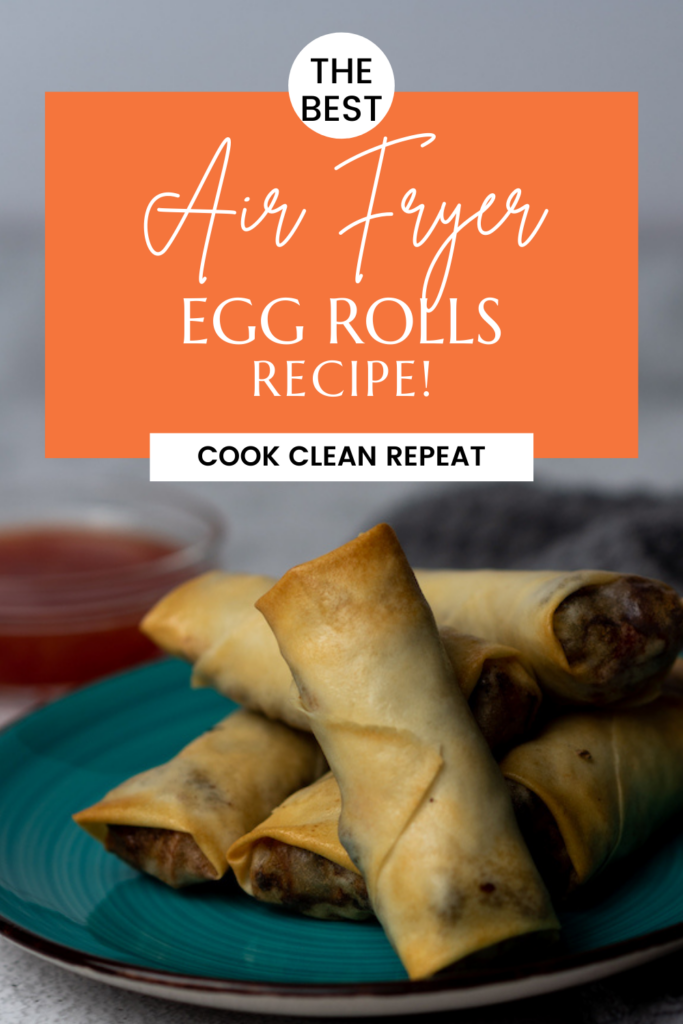 pin showing the finished homemade air fryer egg rolls recipe ready to serve.