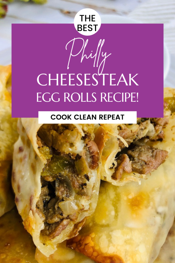 pin showing the finished Philly cheesesteak egg rolls recipe