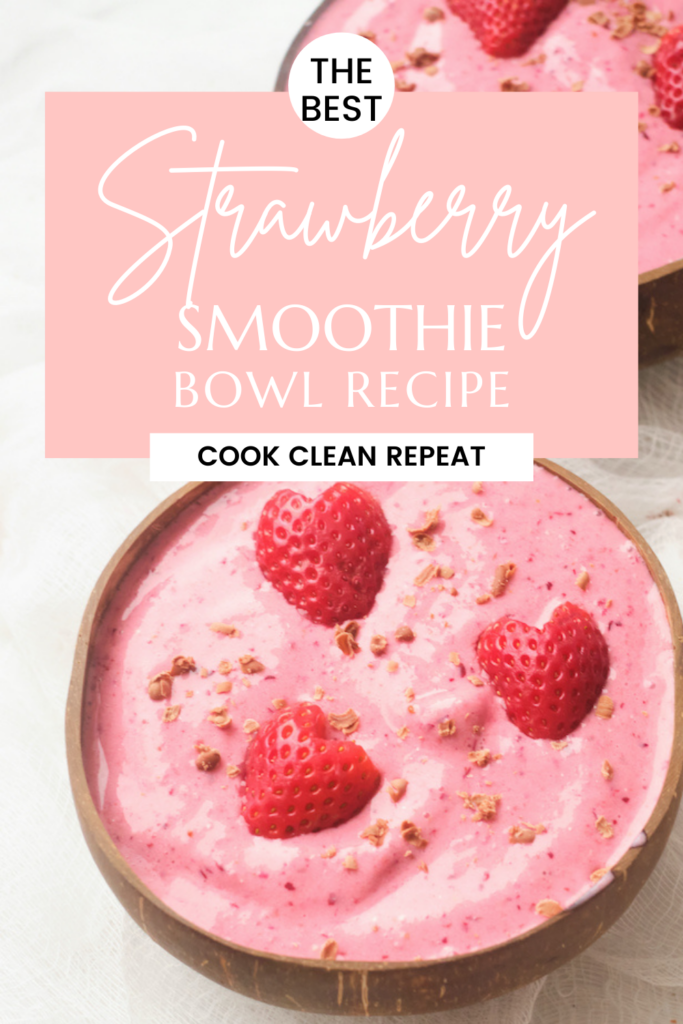 pin showing finished strawberry smoothie recipe ready to eat