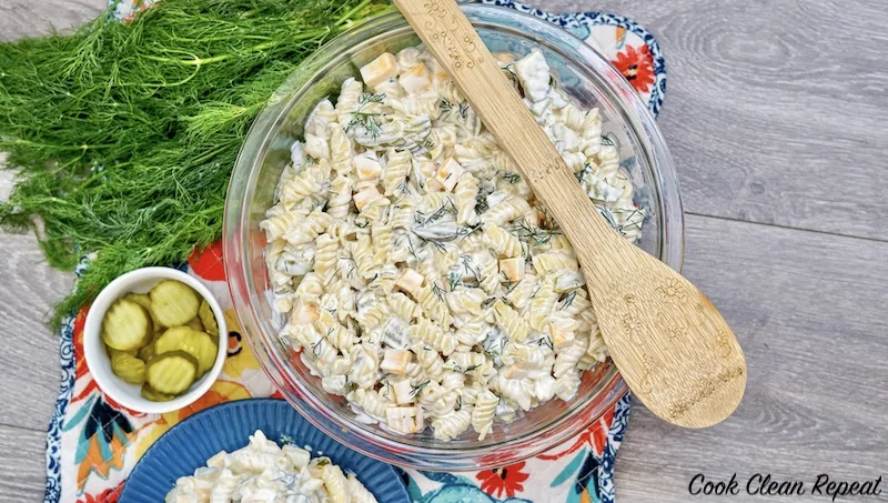 bowl filled with pickle pasta salad recipe. 