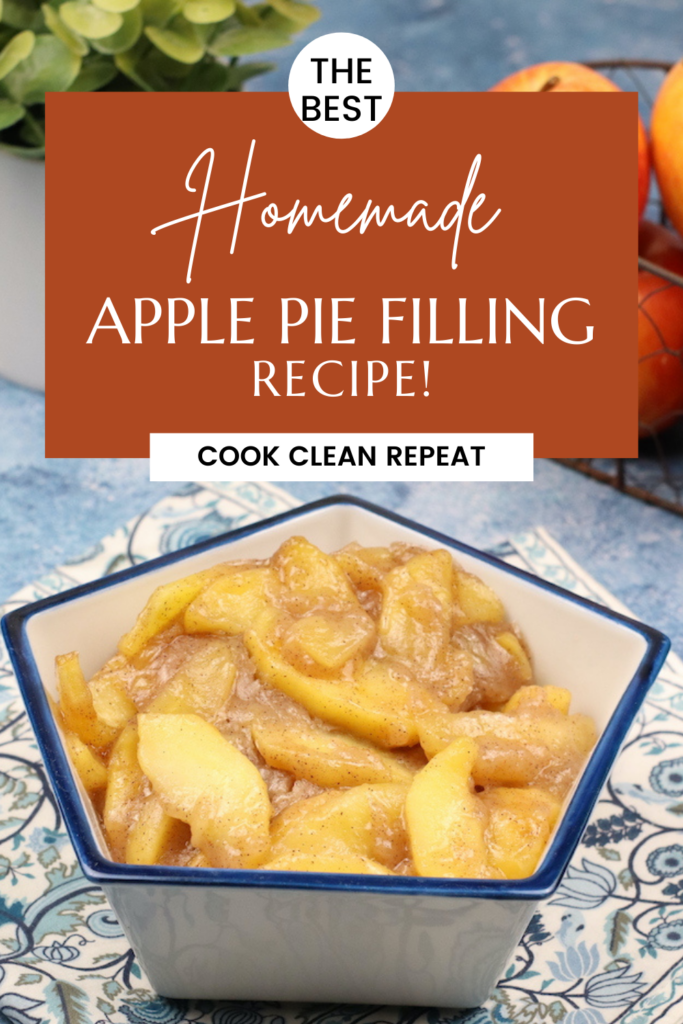 Pin showing the finished apple pie filling recipe with title across the top. 