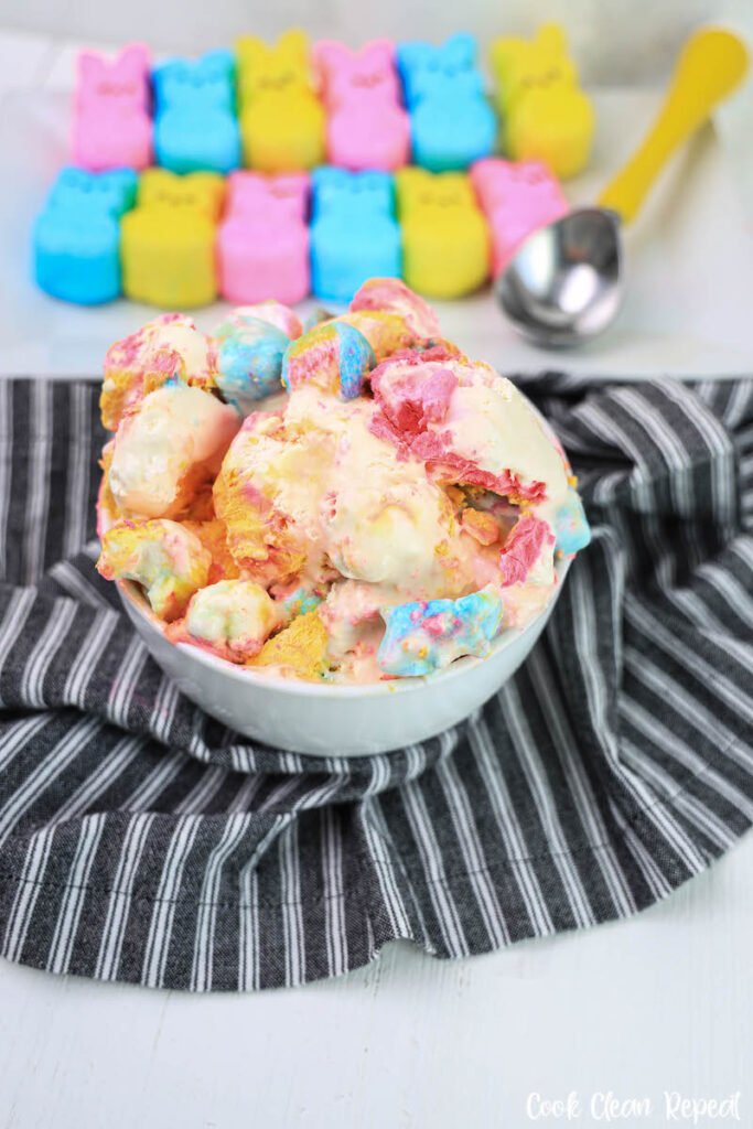 a bowl full of finished marshmallow peeps ice cream. 
