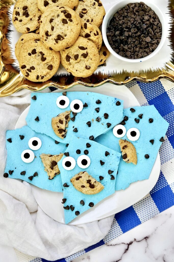 finished Cookie Monster candy bark ready to share