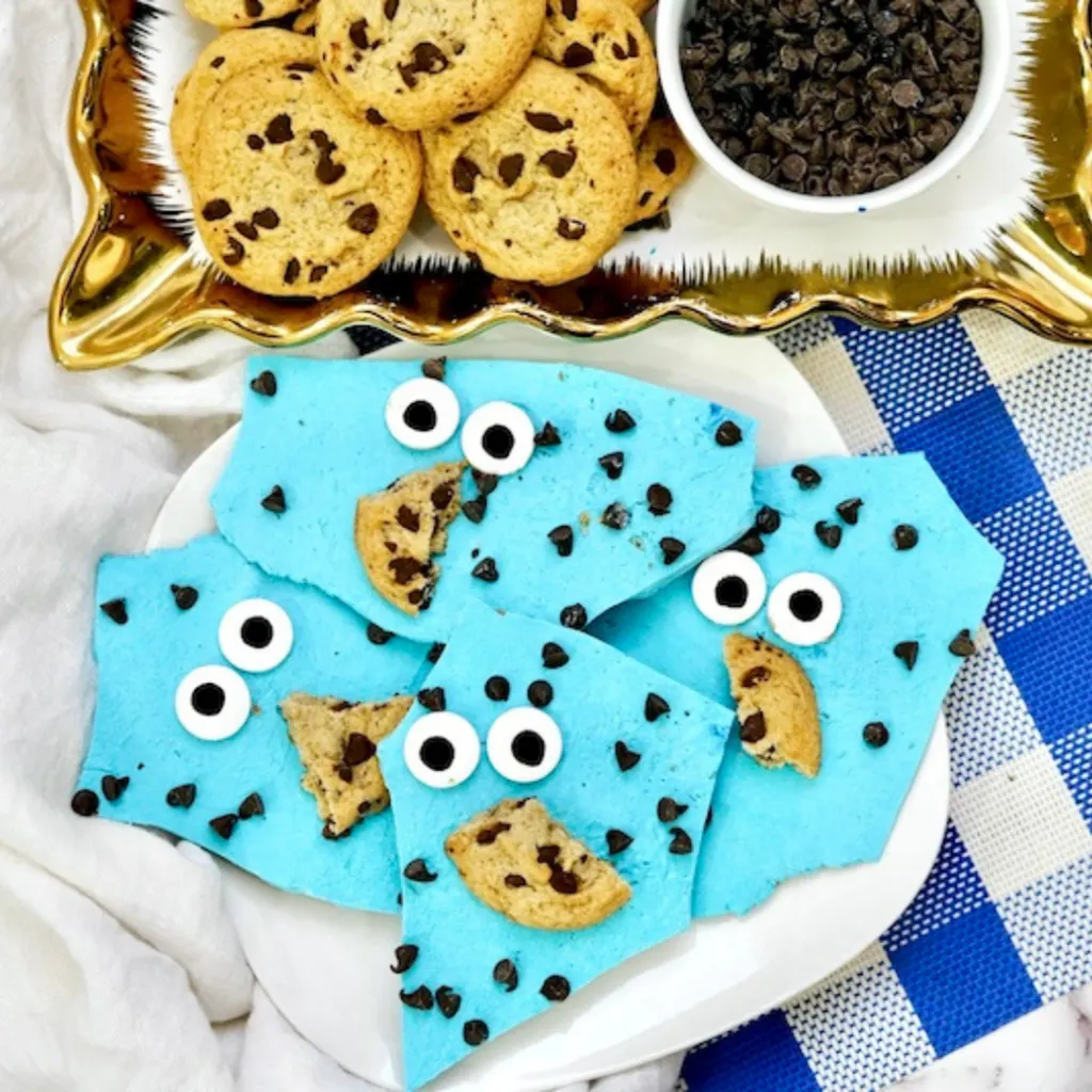 featured image showing the finished cookie monster candy bark ready to eat