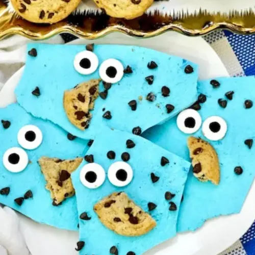 Desserts background picture of some cookie monster themed chocolate bark
