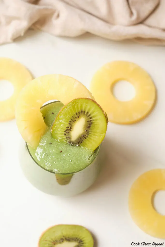 top down look at the finished pineapple kiwi smoothie. 