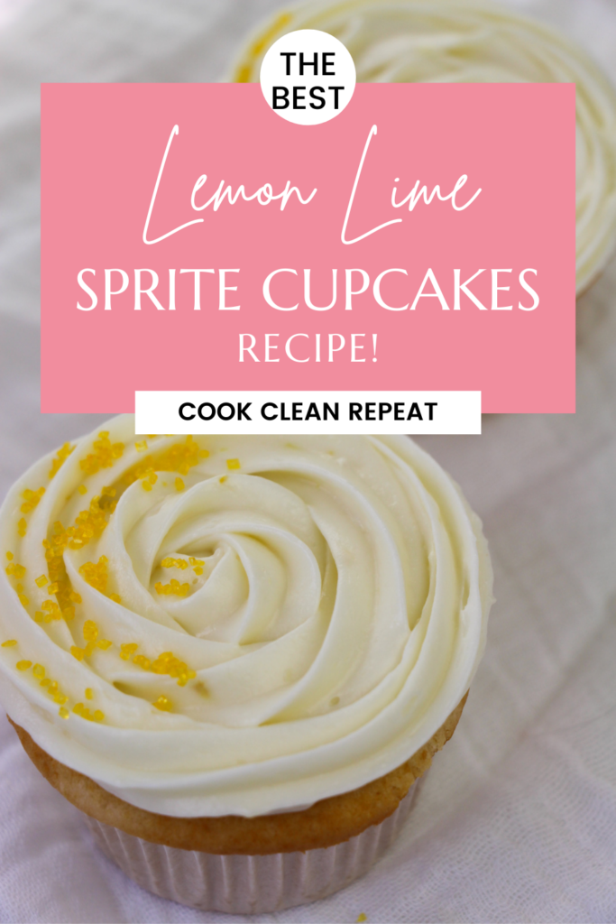 Pin showing the finished sprite cupcakes ready to eat with title in pink text box at top.