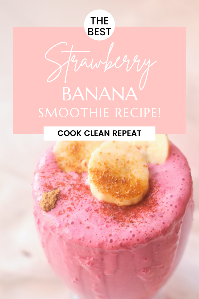 pin showing the finished strawberry banana smoothie recipe ready to drink.