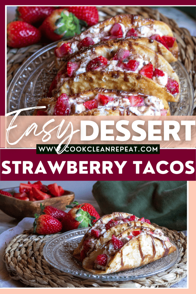 pin showing finished strawberry dessert taco