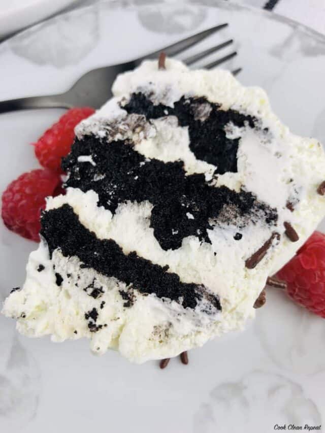 a slice of the finished cake on a plate ready to serve or share.