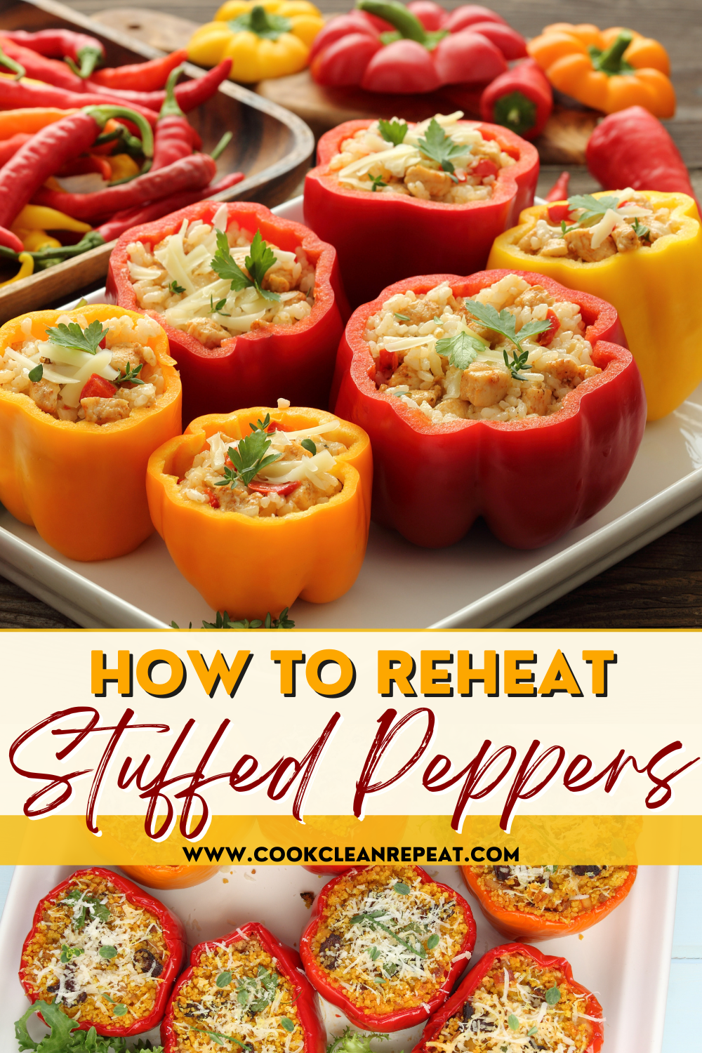 Pin showing the title How to Reheat Stuffed Peppers