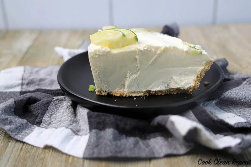 Finished view of the key lime ice cream pie sliced and ready to serve. 